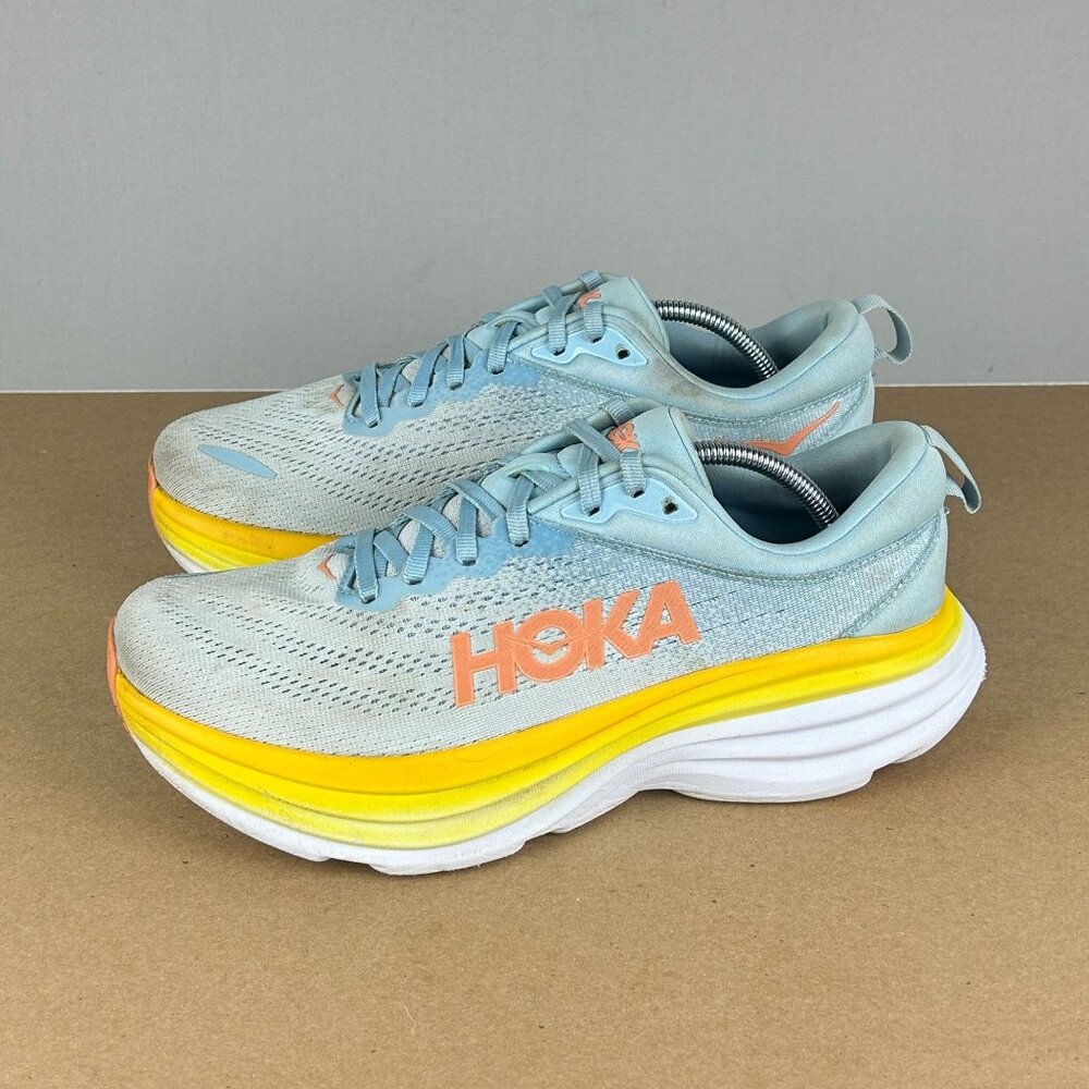 Hoka Athletic Shoes in Light Blue and Yellow